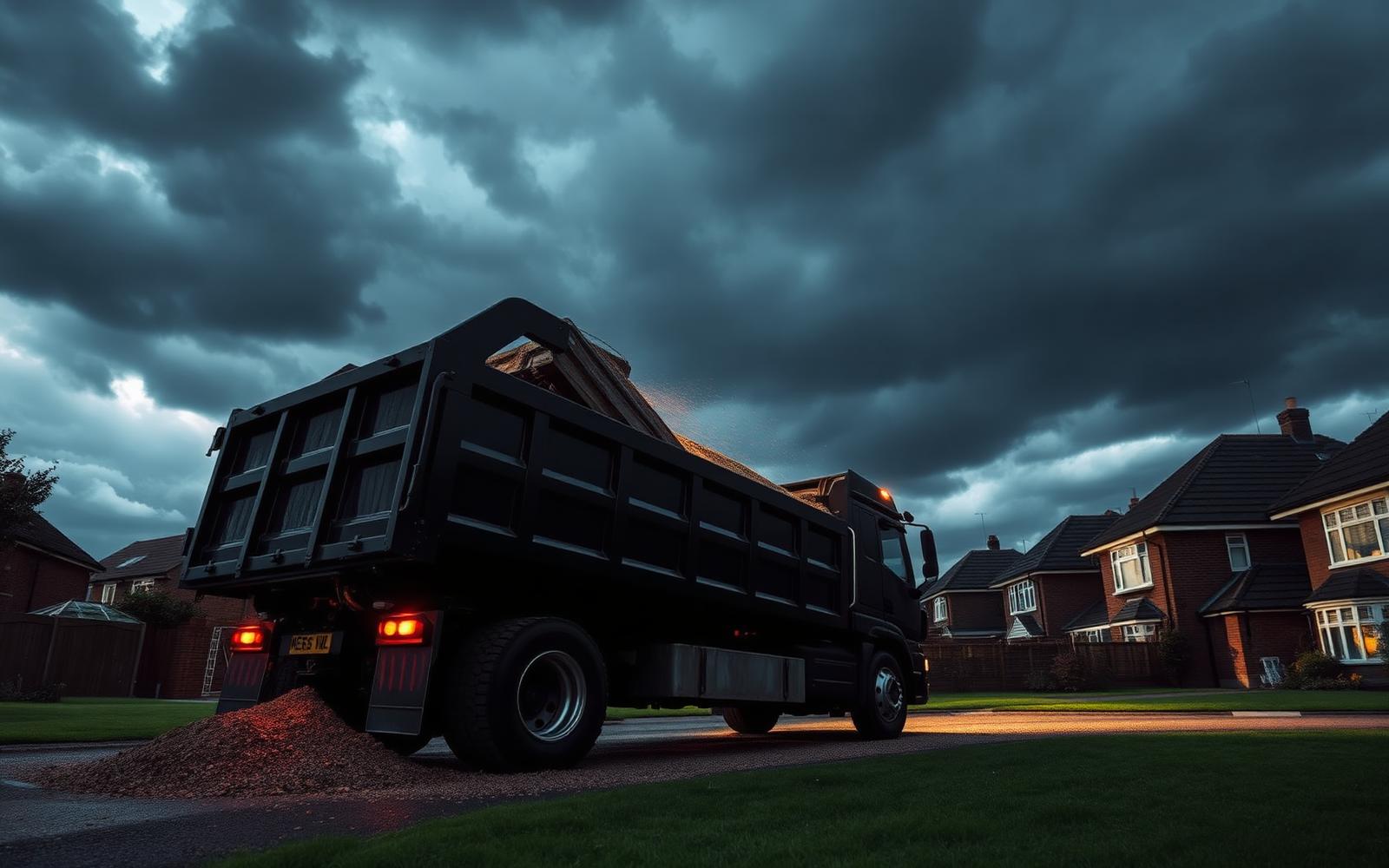 Tipper lorry delivering sand and gravel to a home driveway